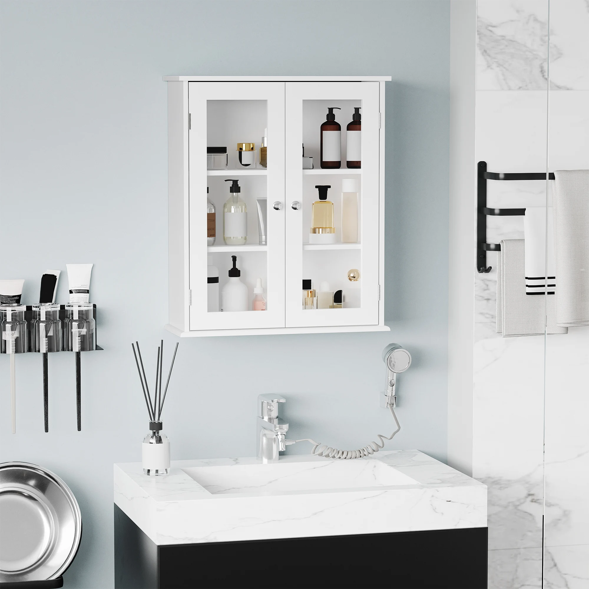 kleankin Armario Pared Baño 2 Puertas de Cristal para Cocina 55x20x65 cm Blanco