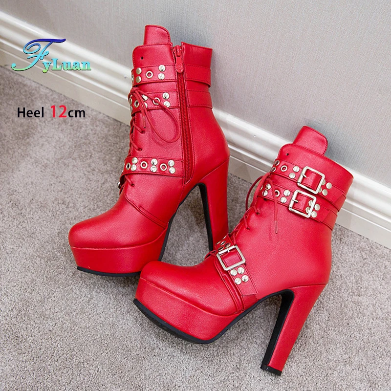 

Europe and America Women Ankle Boots Rivet Belt Buckle 12CM Heels Punk Woman Shoes Side Zipper PU Leather Platform Short Boots