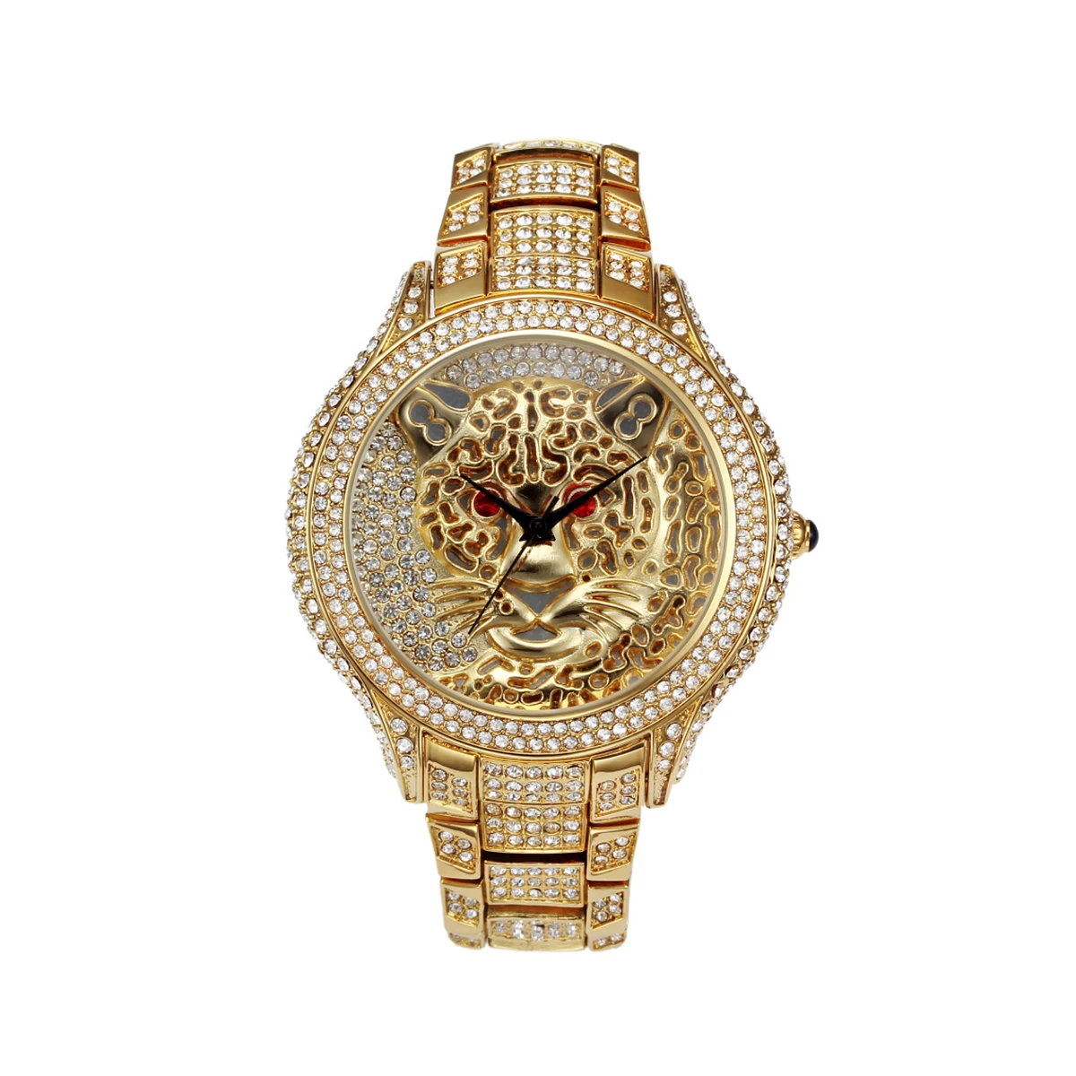 Aokaishen Leopard Head Field Watch for Men Ice Big Gold Color Waterproof Stainless Steel Hip Hop Jewelry Relogio Masculio