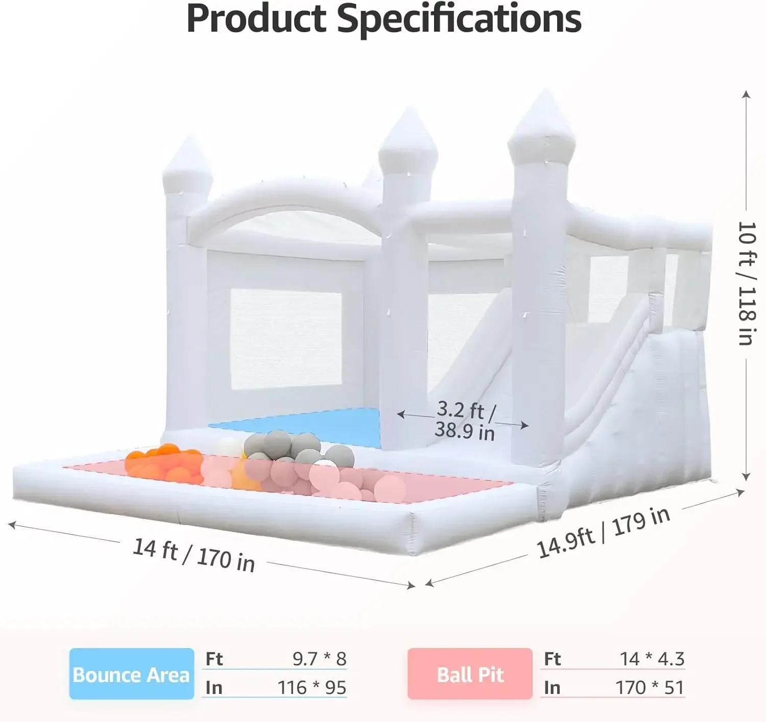 Duży dmuchany biały zamek do skakania dla dzieci, 15x13 stóp, do miękkiego zabawy, z możliwością personalizacji, wykonany z tkaniny Oxford, zawiera dmucharkę.