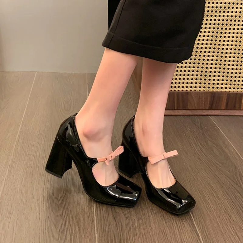 Women Square Toe Marie Janes High Heels Shoes Summer New Design Dress Shoes Fashion Brand Elegant Shoes Sliver Chunky Pumps