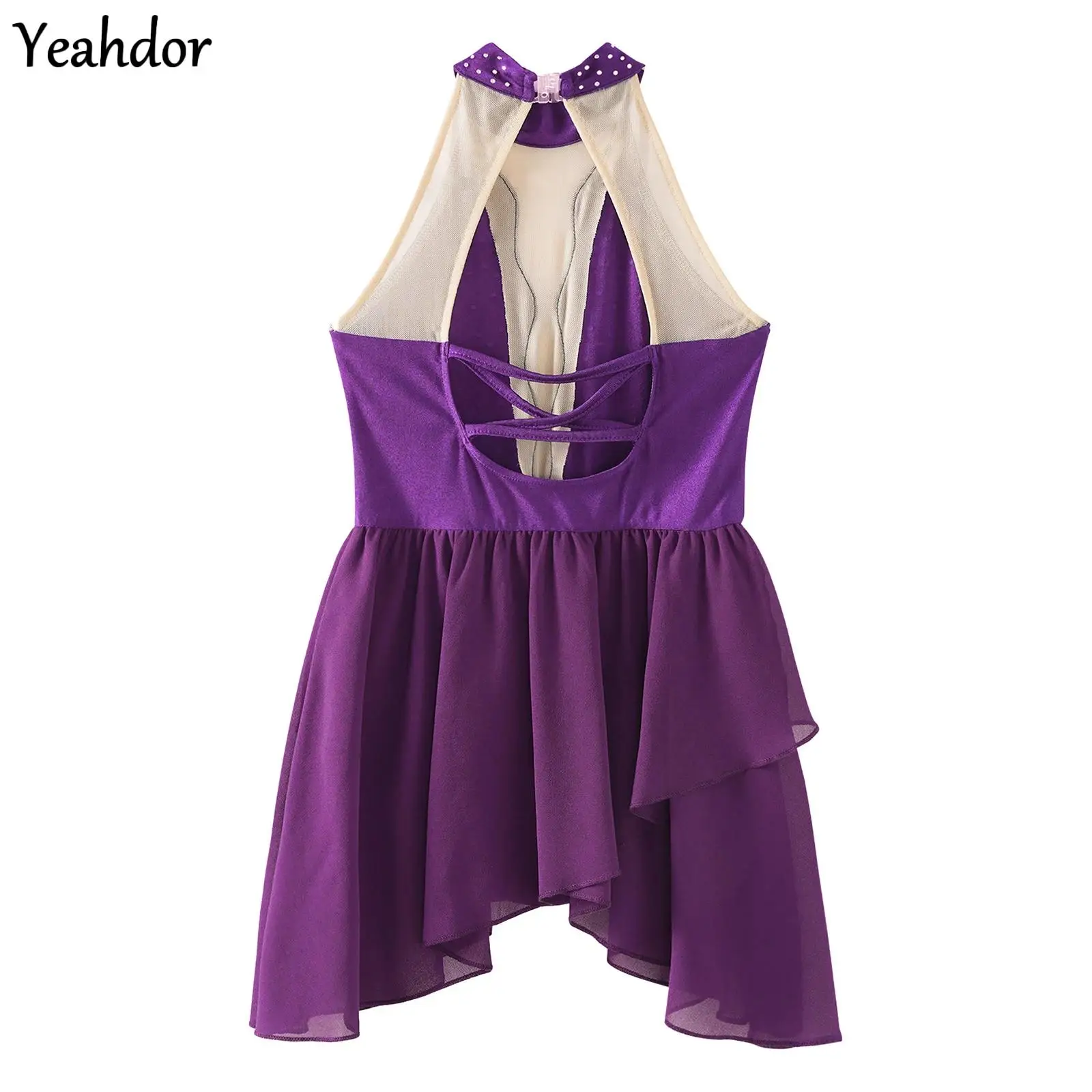 

Girls Figure Skating Dress Ballet Jersey Lyrical Dance Leotard Dress Sleeveless Sheer Mesh Rhinestone Artistic Gymnastics Dresss