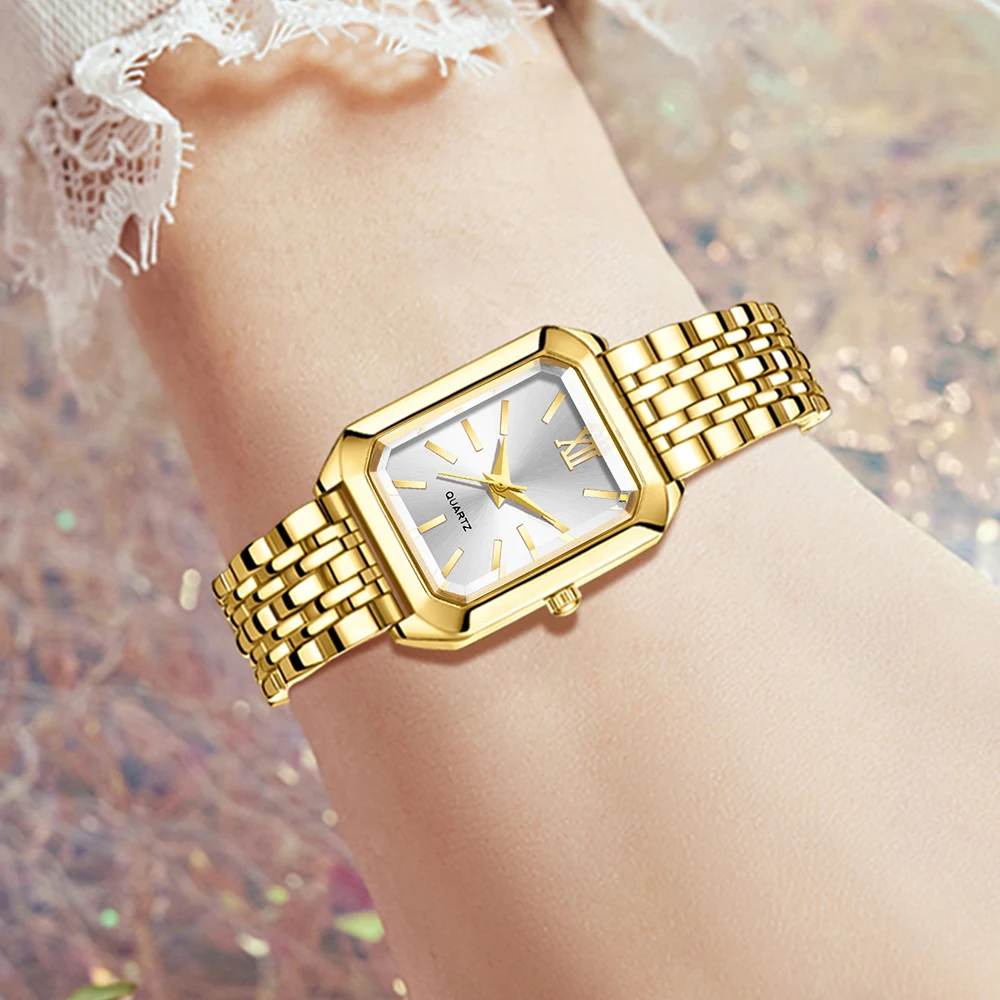Set di orologi da donna di lusso dorati da 4 pezzi Set di braccialetti per orologi al quarzo con quadrante rettangolare di tendenza alla moda adatto per l'abbinamento esclusivo quotidiano