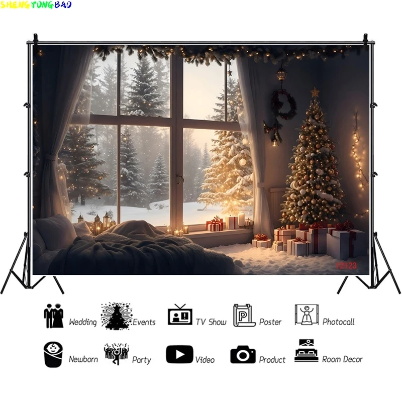 Vinyl Custom Christmas Day Fireplace Photography Backdrops Gift Box Chimneys Snowflake Window Indoor Studio Background WW-31