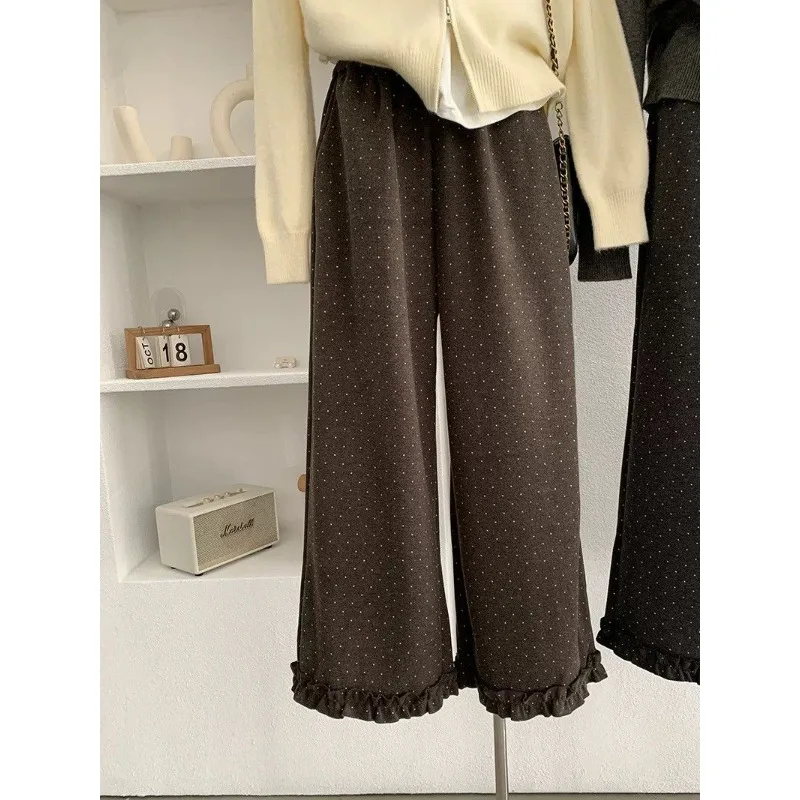 

Korean Polka Dot Woolen Wide-leg Pants Women's 2025 Autumn and Winter High-waisted Straight-leg Pants Spliced Nine-point Pants