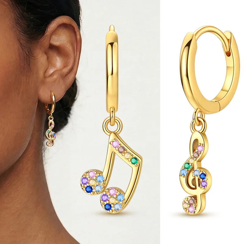

Original 925 Sterling Silver Earring Gold Musical Note Sparkling Drop Earring For Woman Fine Jewelry Lady Gift