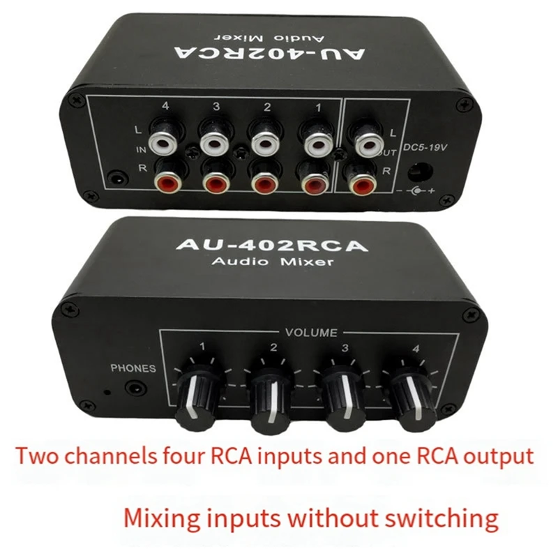 AU-402RCA Stereo Audio Mixer Multi-Channel Audio Source Reverberator Volume Control 3.5Mm Headphone Driver 4 Input Easy To Use