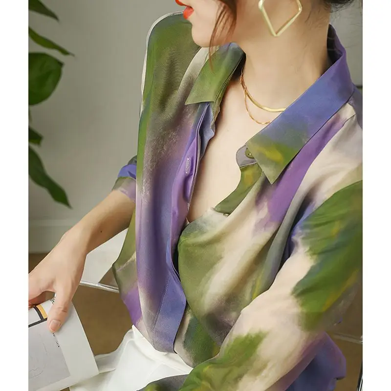 2023 New Summer Elegant Tie Dye Turn-down Collar 3/4 Sleeve Blouse Ladies Fashion Buttons Loose Shirts Women Clothes Trend Tops