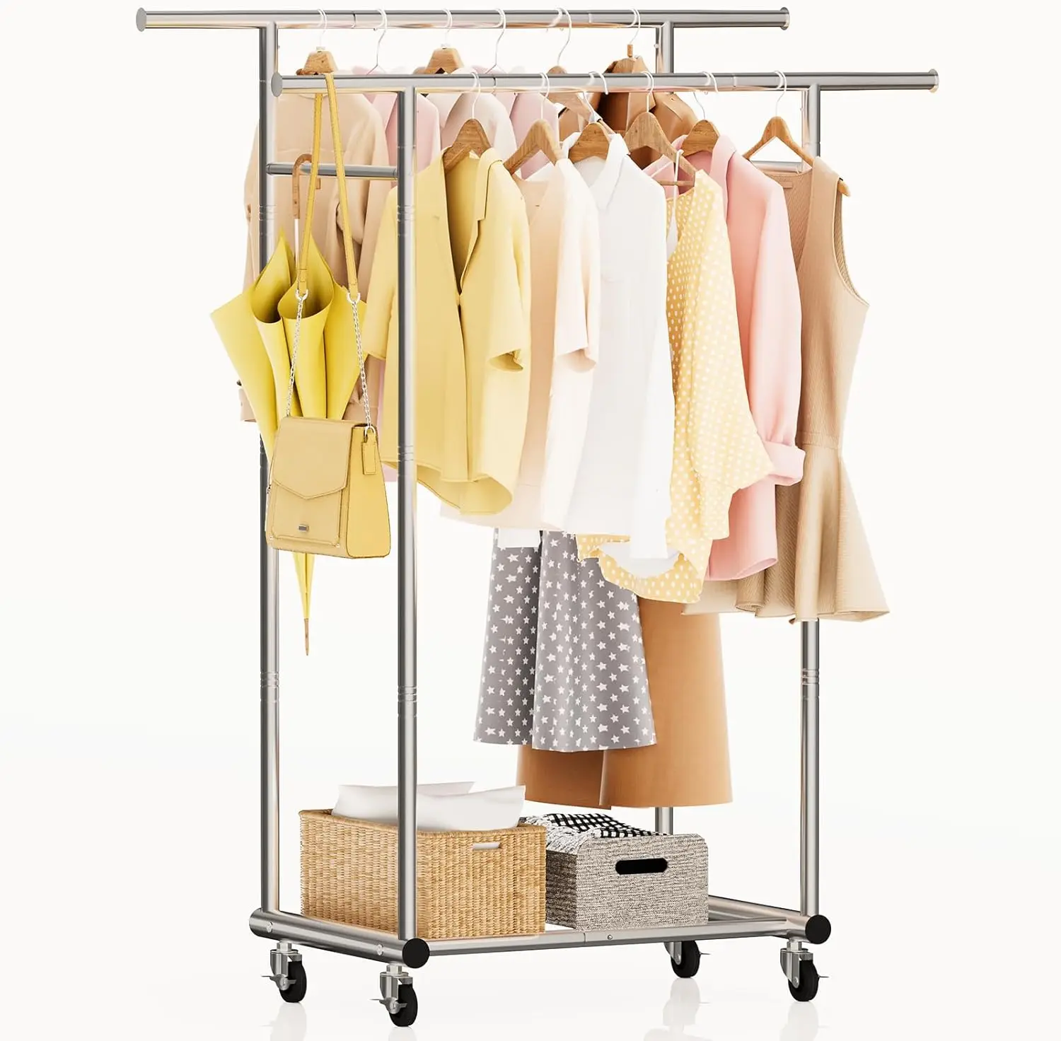 

Double Rods Clothes Rack, Heavy Duty Stainless Steel Rolling Garment Rack with Wheels for Bedroom Laundry Living Room