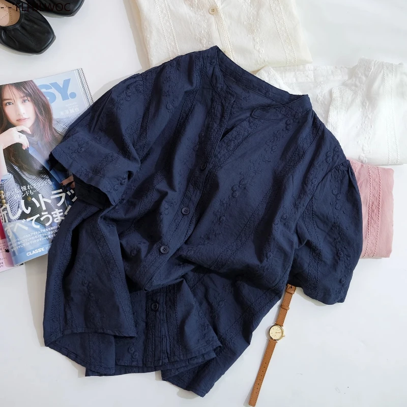 Hauts en coton chemisiers Mori filles FLHJLWOC Design femme japon Style mignon doux manches courtes bouton chemises rétro Vintage hauts