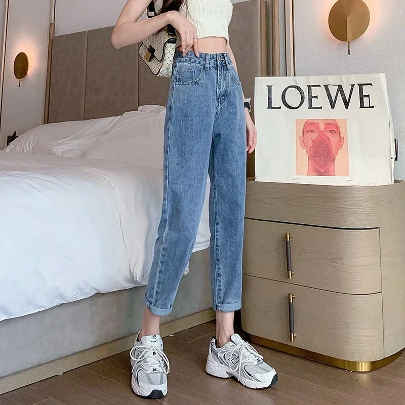 جينز جديد لربيع وصيف 2022 عالي الخصر للتخسيس مستقيم الساق للنساء سروال هيب هوب فضفاض مناسب للبطاطس