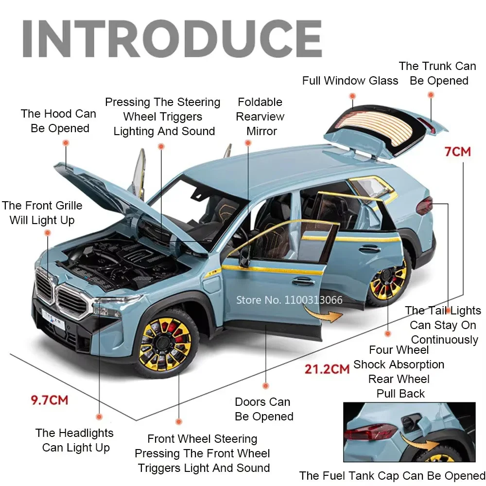 Modelos de coches de aleación fundida I5M60 XM, escala 1:24, juguetes, 6 puertas, sonido abierto, luz, adorno extraíble, modelos para niños, regalos de navidad