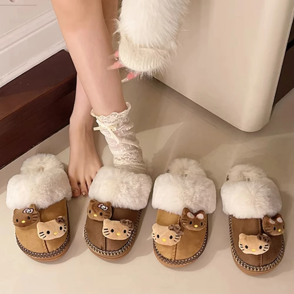 Sanrio Hello Kitty Pantofole di peluche Y2K Anime Pantofola di cotone da donna Simpatico cartone animato Scarpe da casa calde Pantofole piatte antiscivolo per esterni - A