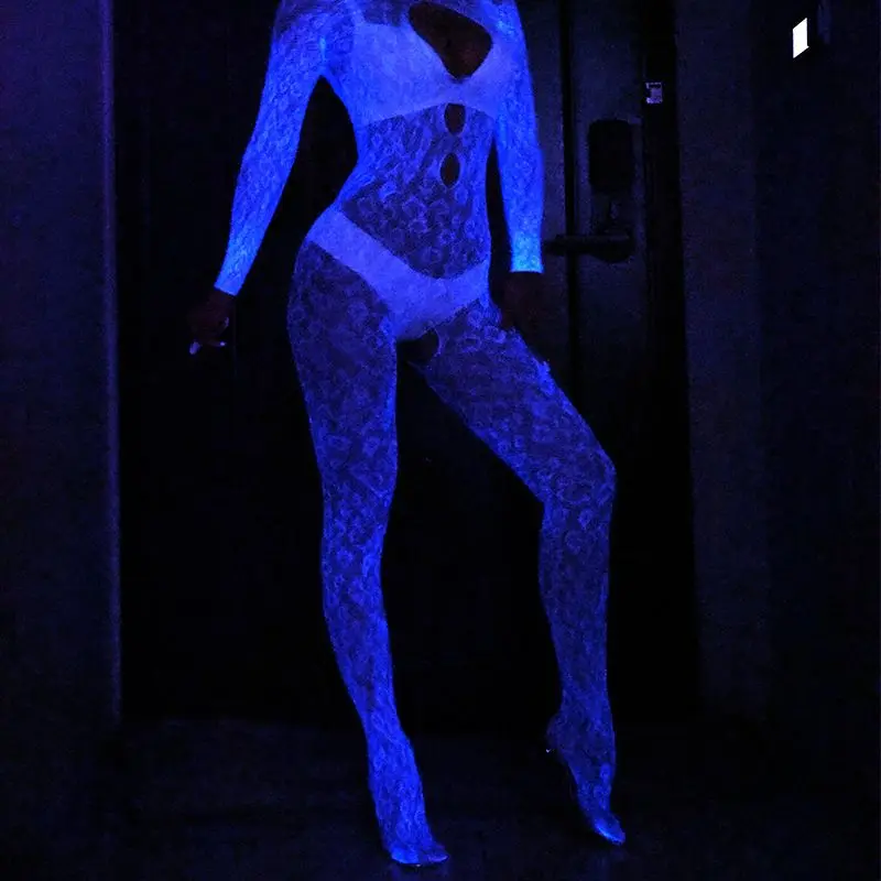 Night glow fun jumpsuit, sexy suspender, hollowed out blue night glow jumpsuit, open crotch large mesh socks, fishing net socks