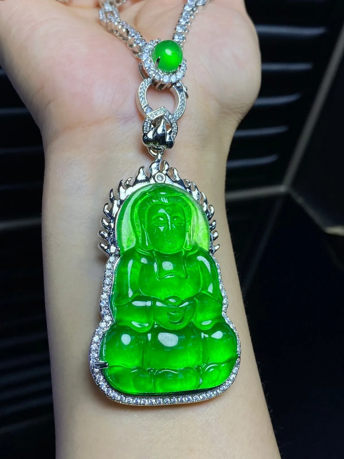 Certified Natural High Ice Green jade Jadeite Carved Guanyin Pendant&Necklaces