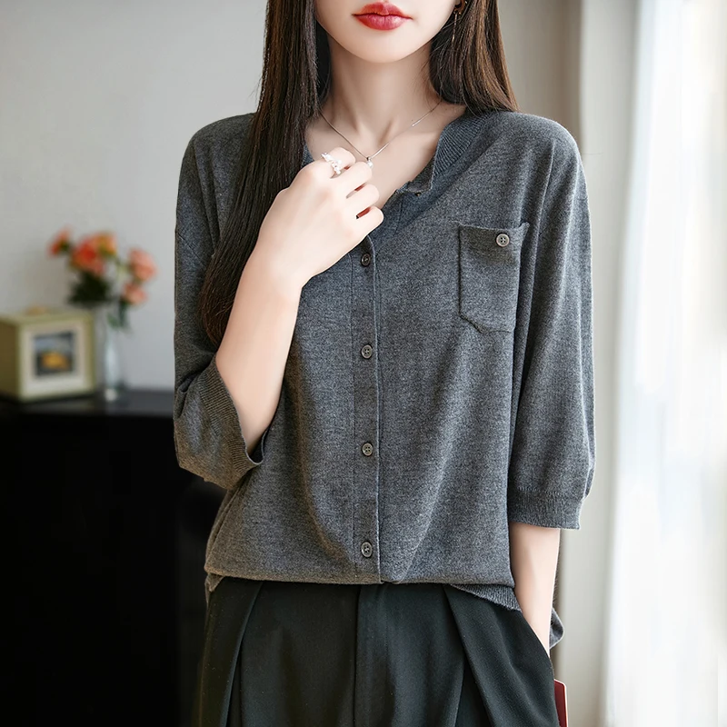 

Hot selling new women's cardigan 100 wool spun T-shirt sweater summer knitted versatile women's thin seven inch sleeve sweater