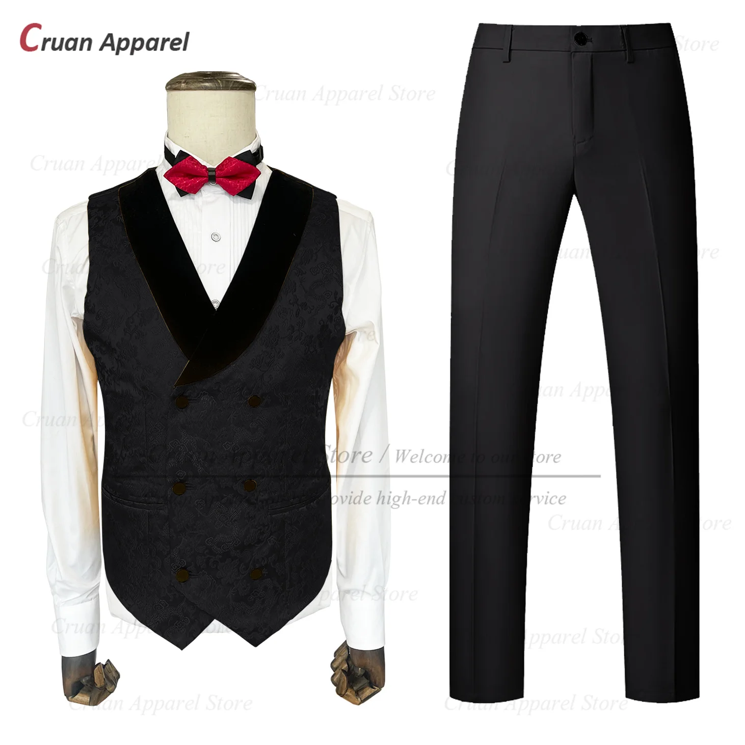 

Classic Black Jacquard Suit Set For Men Tailor-made Fashion Double Breasted Vest Pants 2 Pieces Formal Party Male Luxury Outfits