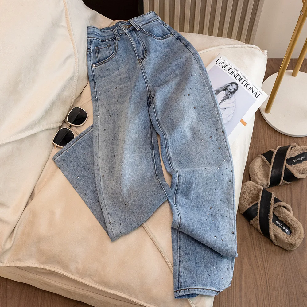 

Trendy Diamond Blue Jeans for Women Spring Autumn High Waist Shiny Rivet Design Straight-leg Denim Pants Narrow Wide Leg Jeans