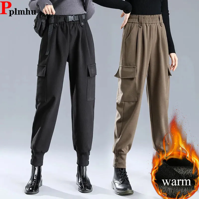 Fall Winter Thicken Woolen Baggy Cargo Pants Women Casual Plus Velvet Warm Harem Pantalones High Waist Jogger Trousers With Belt