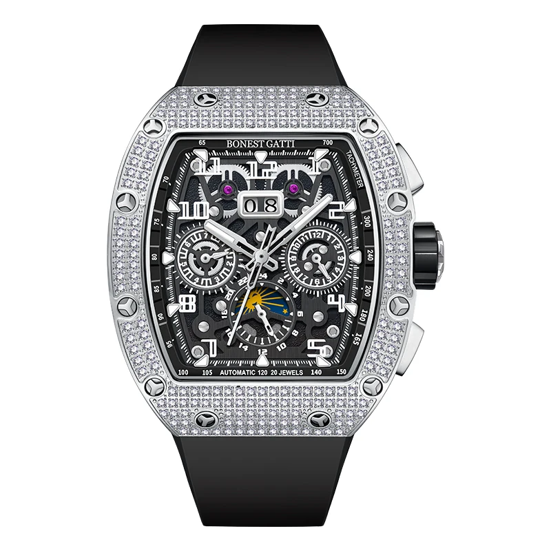 BONEST GATTI-Montre-Bracelet Mécanique pour Homme, existent, Tonneau, Saphir, Shoous, Fluorubber, Bracelet, Mois, Semaine, Date, 44x52mm