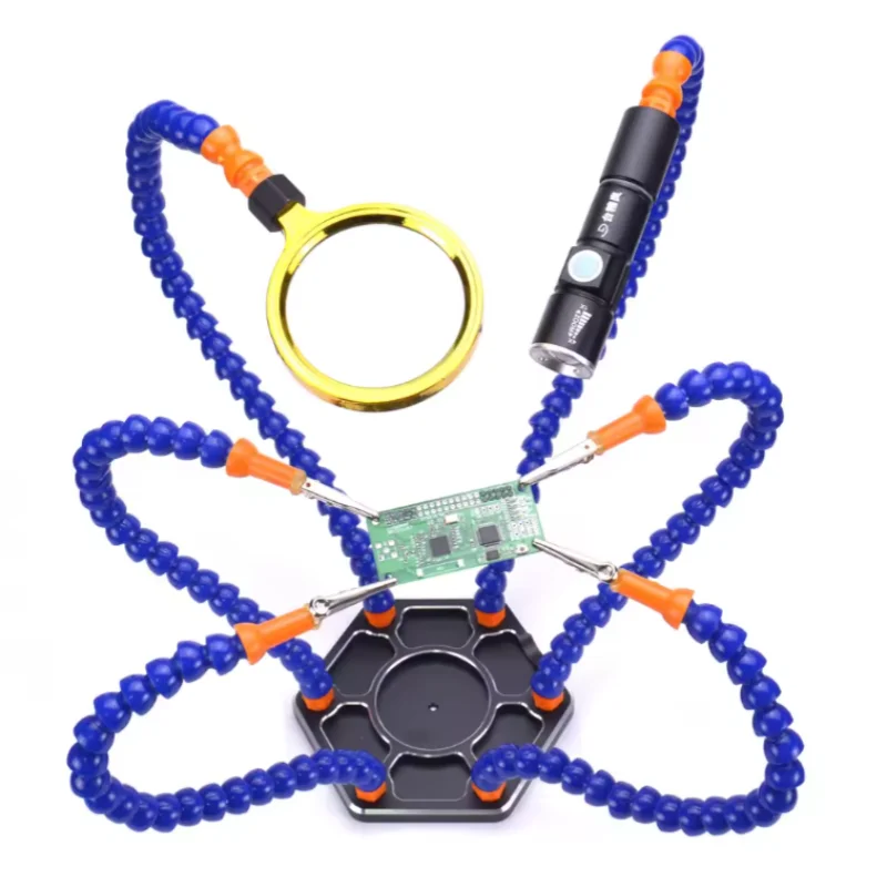 Black/Blue Magnifying USB Flashlight Soldering Station Third Helping Hand Holder Multi Welding Hand Tools with 6 Flexible Arms