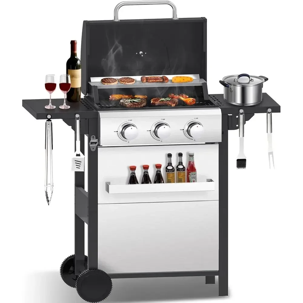 

Гриль из пропана с 3 конфорками из нержавеющей стали и боковыми полками, барбекю на открытом воздухе 3100 БТЕ для патио, сада, кемпинга