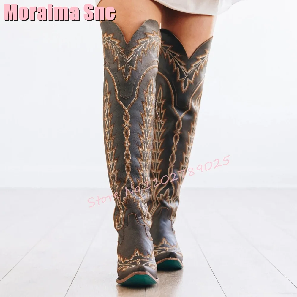 Vintage Embroidery Pointed Toe Thigh High Boots Block Mid Heel Side Zipper Fashion Women Long Western Boots Autumn Winter 2024