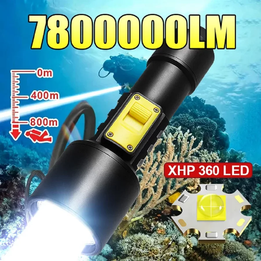 

Мощный светодиодный фонарь для дайвинга 7800000LM, IPX8, высочайший уровень водонепроницаемости, профессиональный подводный фонарь с ручным ремешком, лампа для подводного плавания