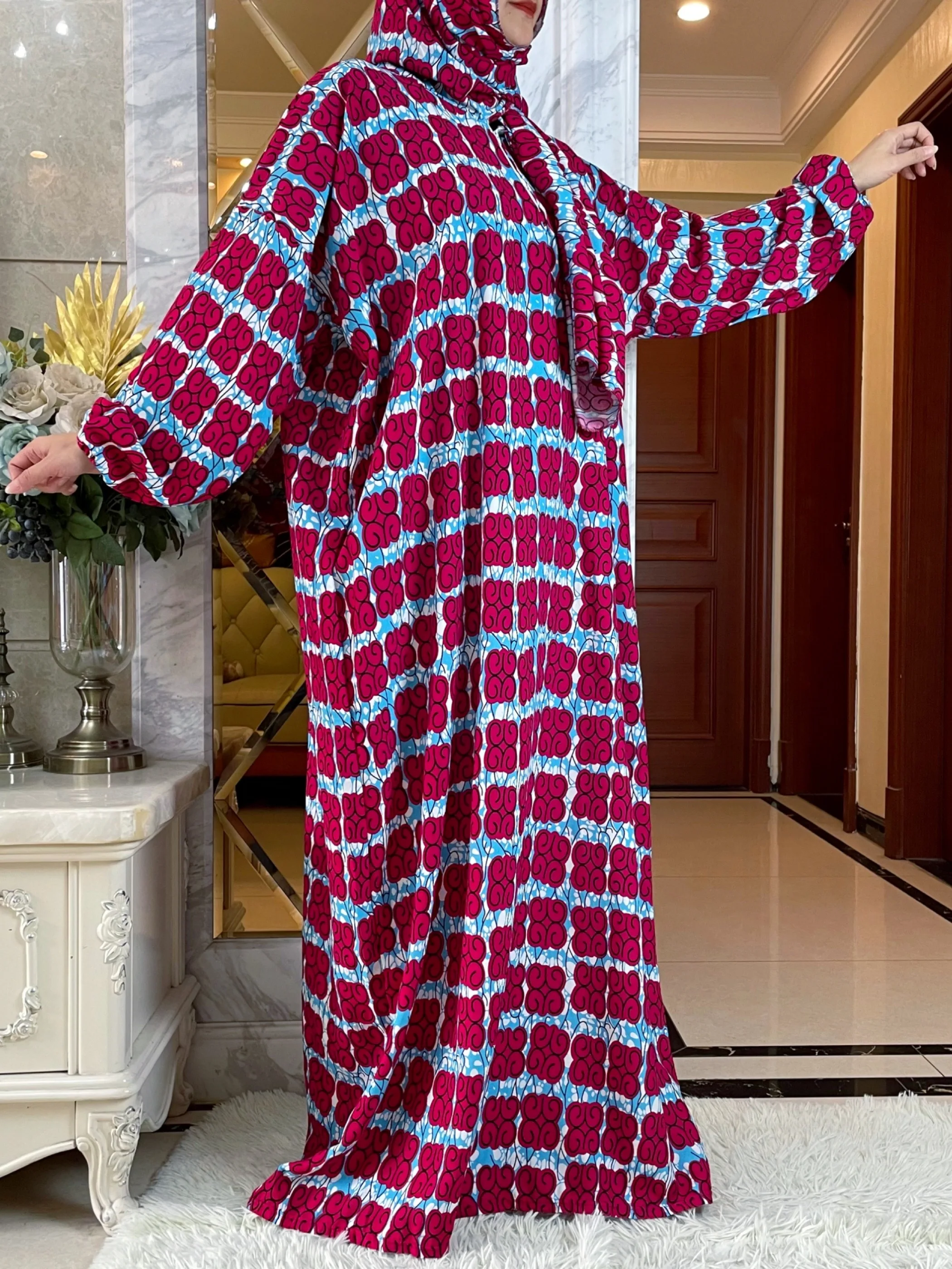 Muçulmano Ramadã Oração Algodão Abayas para Mulheres, Robe Feminino do Oriente Médio, Vestido Floral Africano Solto, Turbante Anexado, Dubai