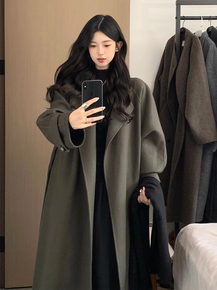 

Large Size Hepburn Sle ey Woolen Coat Women's Autumn Winter Loose Korean Sle Mid-Length Woolen Coat Fem Outerwear