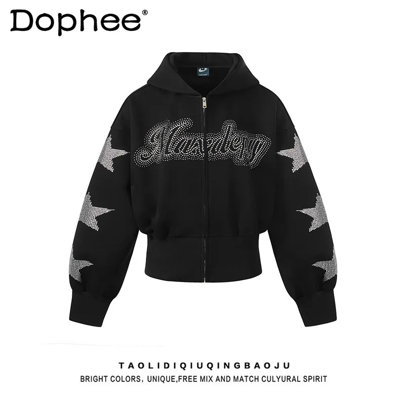 

Новая женская толстовка-кардиган в американском уличном стиле с капюшоном и стразами, весна 2026, приталенная, универсальная, черная, повседневная