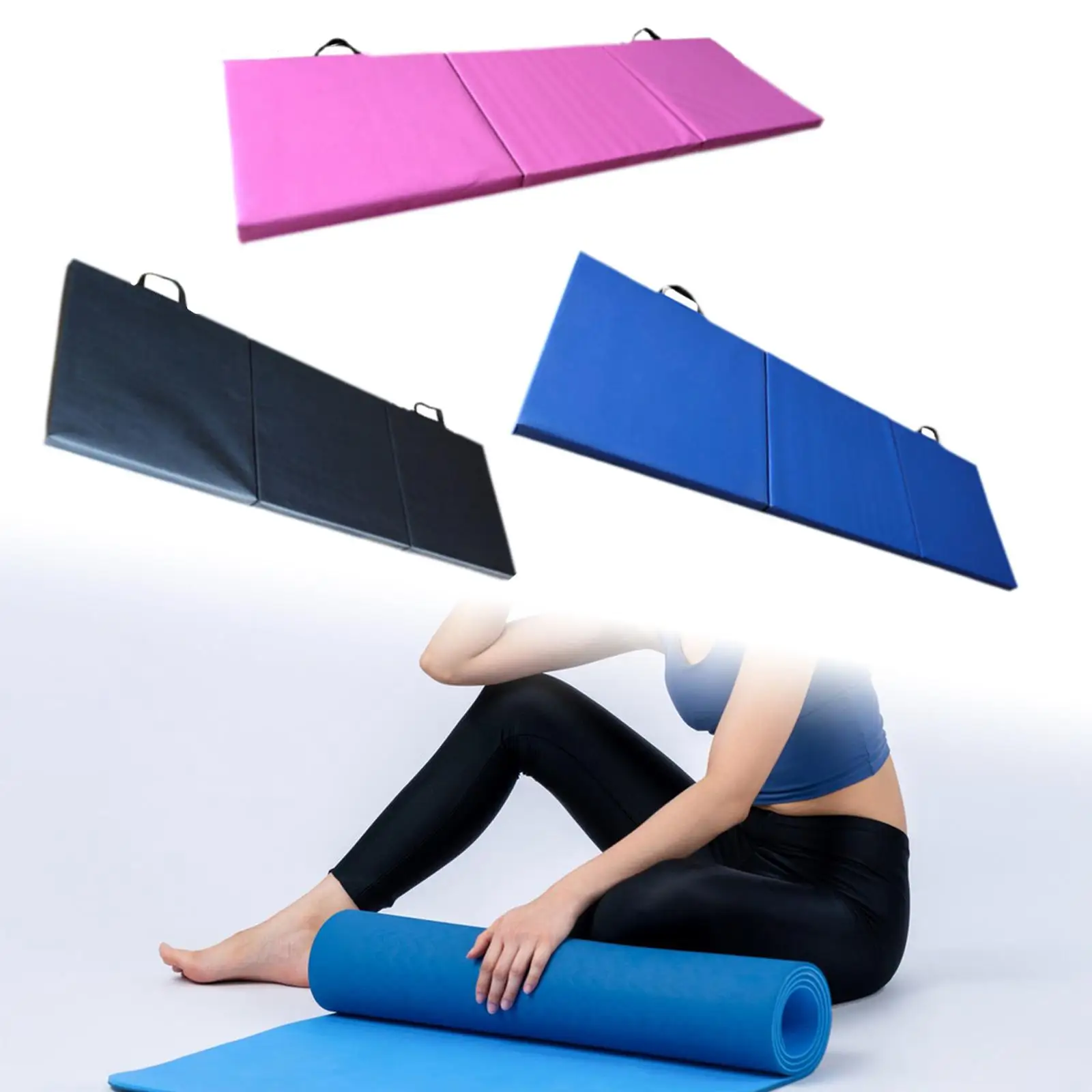 Tri Fold Folding Exercise Mat Floor Mat Nonslip PVC Leather with Handles for