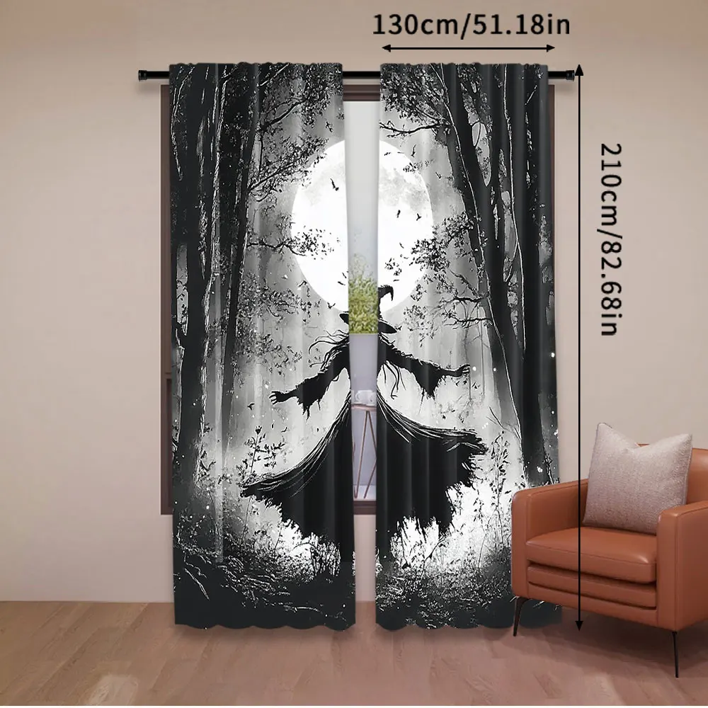 2Pcs Halloween Forest Curtain Horrible Foggy Full Moon Witch Silhouette Gothic Halloween Night Scene Bedroom Bathroom Decor