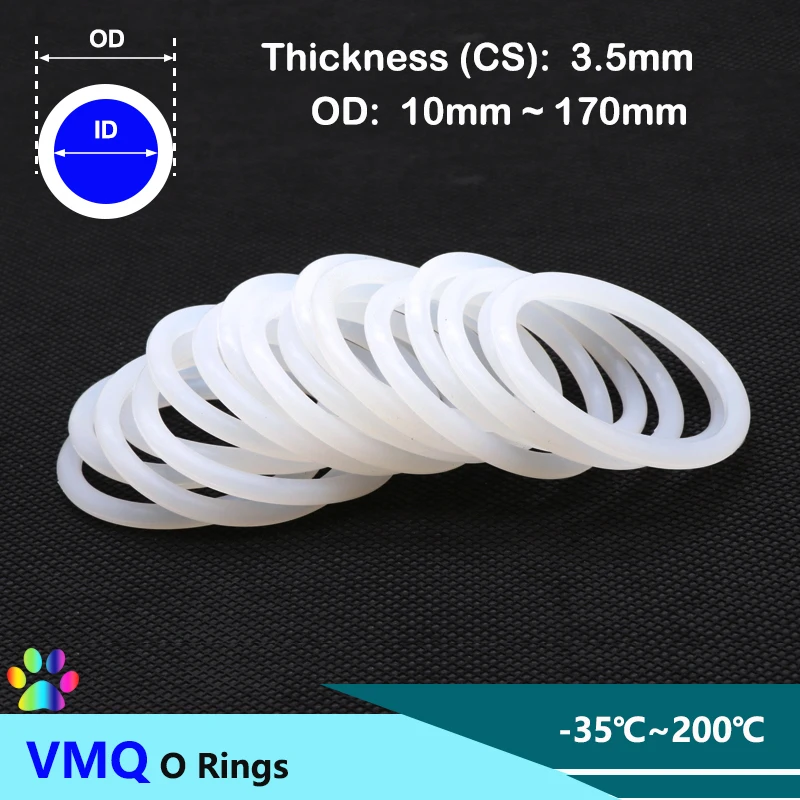 

10/50Pcs White Silicone VMQ O Ring Gasket CS 3.5mm OD 10~170mm Food Grade Nontoxic Rubber Washer Round O Shape Seal Gaskets