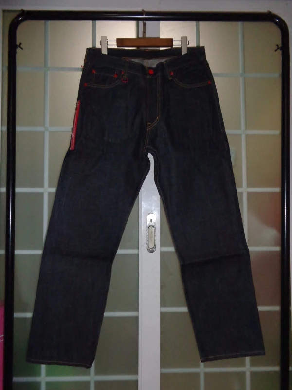 

Джинсы Zhang Zi FM 505 Denim Red Lightning Street Fashion, цвет красный, с низкой посадкой, на молнии, повседневные, универсальные