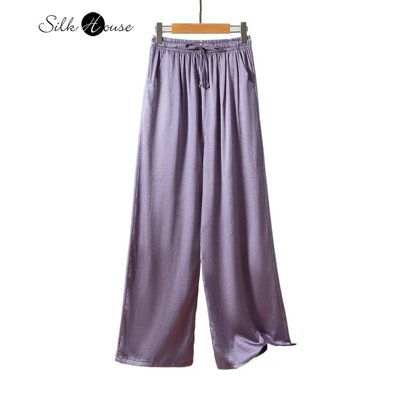 

Heavy 93% Natural Mulberry Silk Elastic Pearl Satin Elastic High Waisted Fragrant Taro Purple Women's Casual Straight Leg Pants