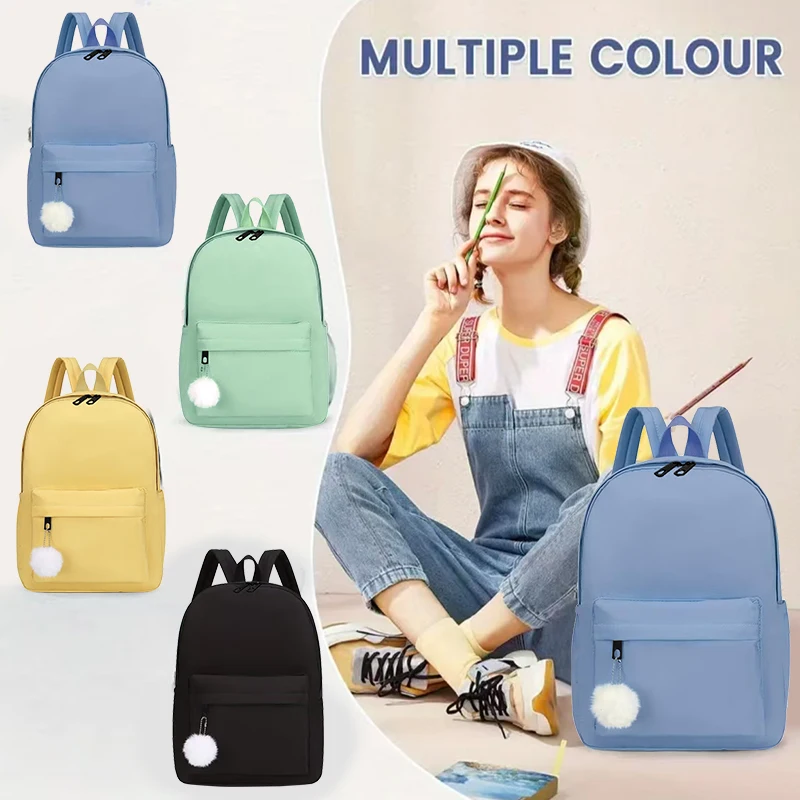 Cute Pom-Pom Decor Backpack Multi-Color Lightweight Adjustable-Strap Casual Daily Use Functional Stylish School & Outings Bag