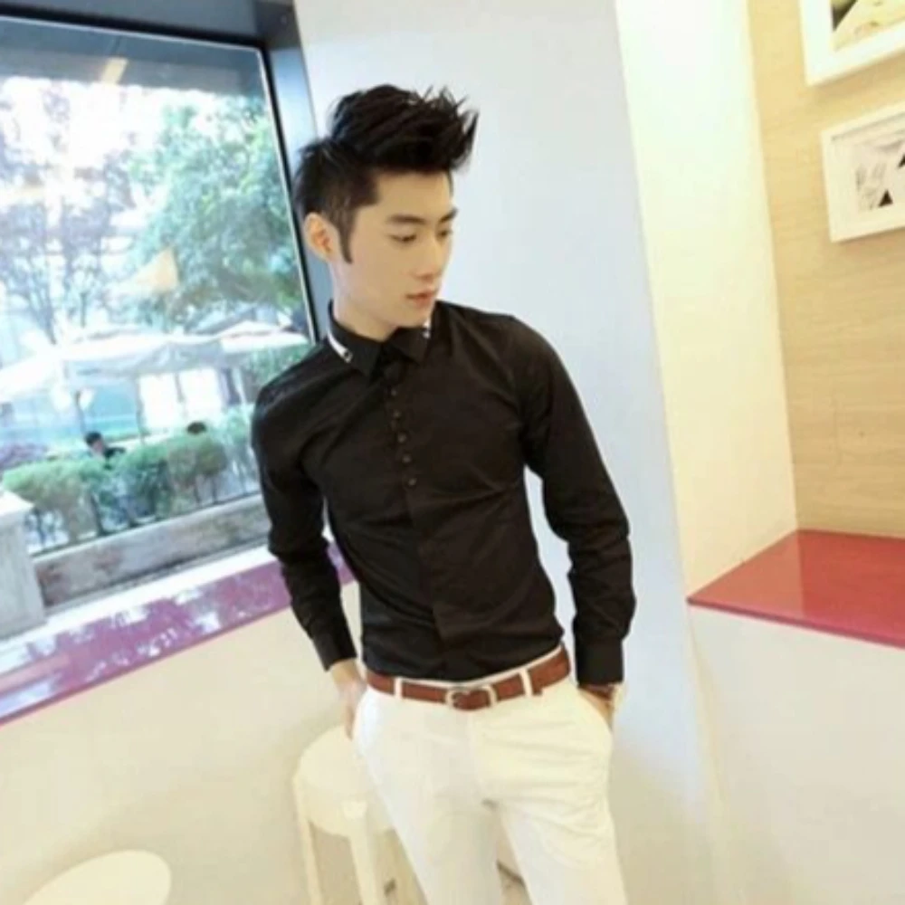 

Мужская осенняя рубашка с длинным рукавом в корейском стиле, приталенная, белая, модная, повседневная, элегантная, универсальная