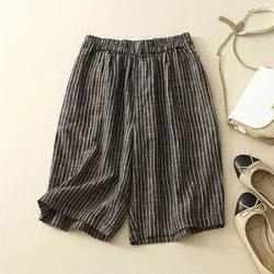 Cotton Linen Shorts for Women Casual Loose Elastic Waist Wide Leg Shorts Summer Vintage Striped Five-point Pants Women Clothing