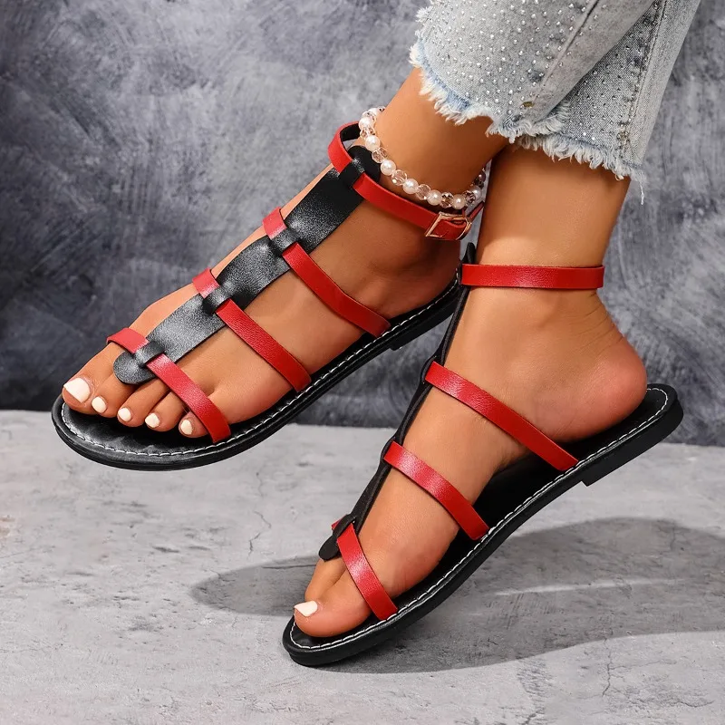 Sandals Women's Fashion Round Toe Ankle Metal Buckle Platform 2025 New Open Toe Women's Shoes Handmade Flat Sandals in Summer