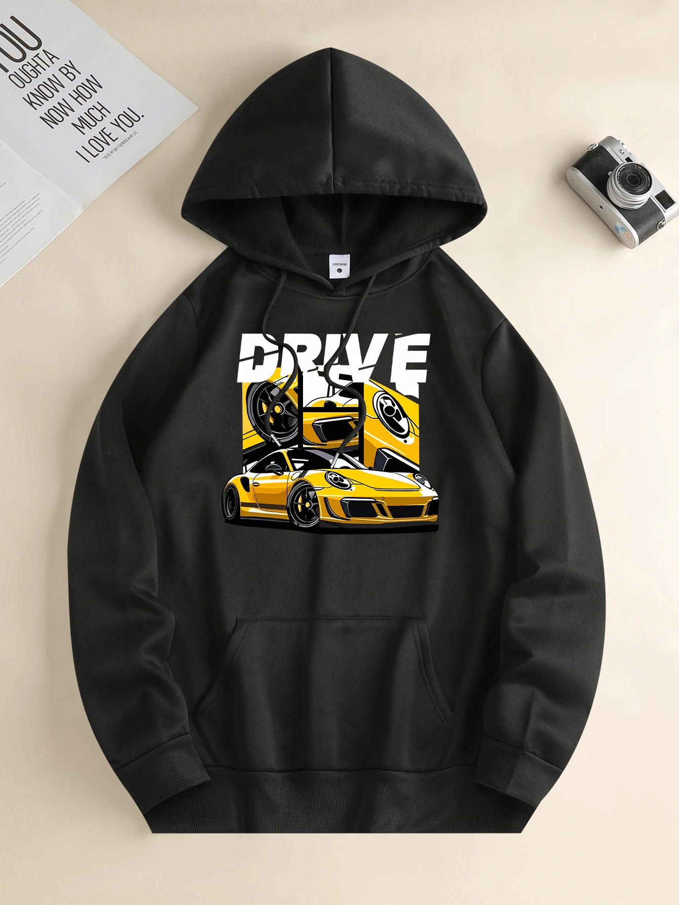 Men's new fashion hoodies, casual everyday drawstring hooded sweatshirts, car prints, front kangaroo pockets, men's blouses