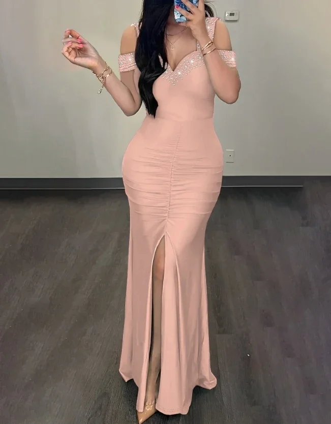 Women's Elegant Rhinestone Cold Shoulder Slit Ruched Party Dress Summer Fashion Plain Short Sleeve Skinny Wrap Maxi Dress