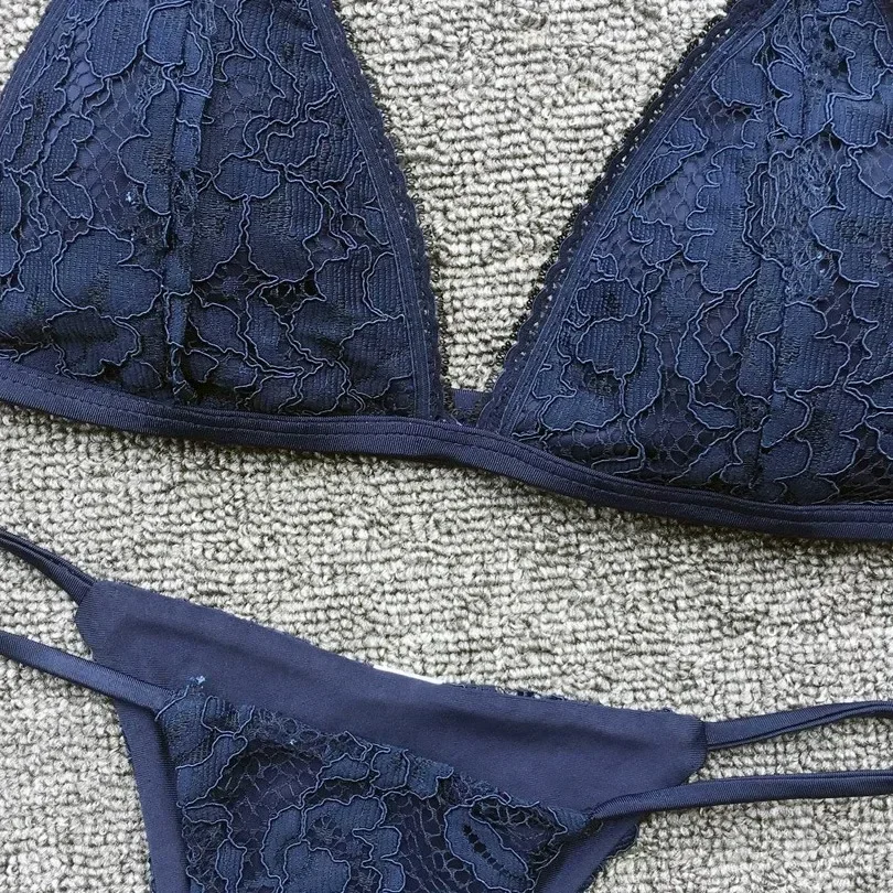 2024, сексуальное женское бикини, купальник, кружевной темно-синий купальник с лямкой на шее, треугольный комплект бикини, купальный костюм, пляжное бикини, женский пуш-ап