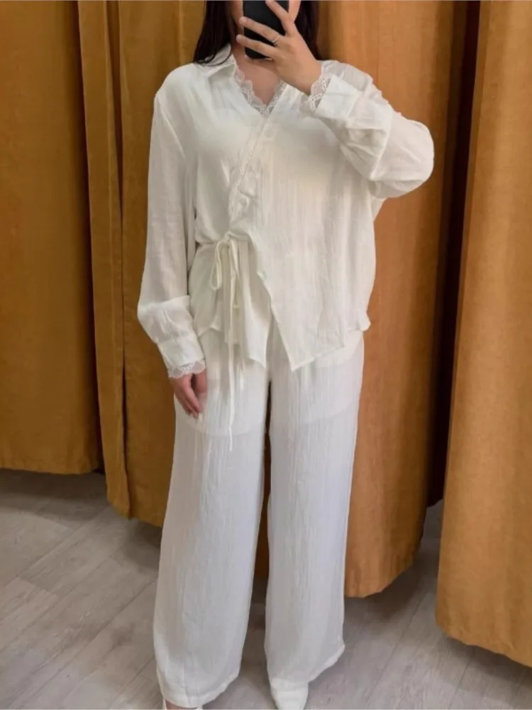 

Elegant Lace Splicing Shirt Pants Sets Women Y2k Fall New Fashion 2 Piece Set Long Sleeve Lace Up Blouse Top Wide Leg Pants Suit
