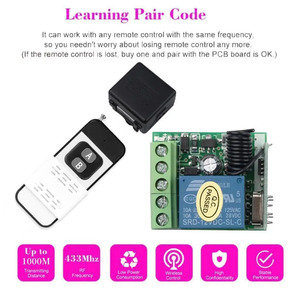 Беспроводной выключатель света 433 МГц, пульт дистанционного управления, расстояние 1000 метров, 12 В, 1 канал, модуль релейного приемника, управление для электронных замков ворот