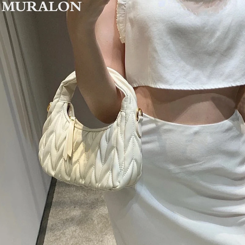 

Soft Sheepskin Pleated Hobo Handbag Fashion Sweet Mini Shoulder Crossbody Bag Genuine Leather Retro Underarm Crescent Bag Lady