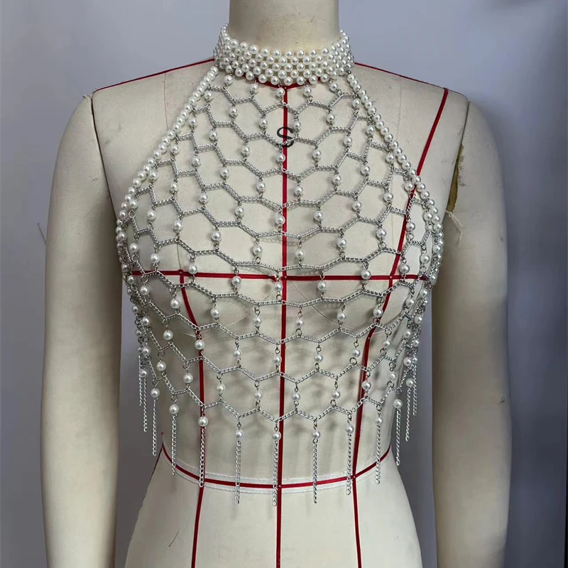 Damen-Tanzaccessoires: Perlenbesetztes Neckholder-Bodychain-Top mit Aushöhlungen, Quasten und Netzstoff – Y2K Crop Top, rückenfrei für Party, Festival und Clubwear – Detail 3