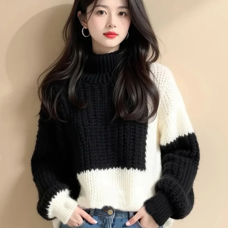 

Осень-зима, новые винтажные теплые вязаные свитера, женская одежда, модные шикарные свободные пуловеры с полувысоким воротником