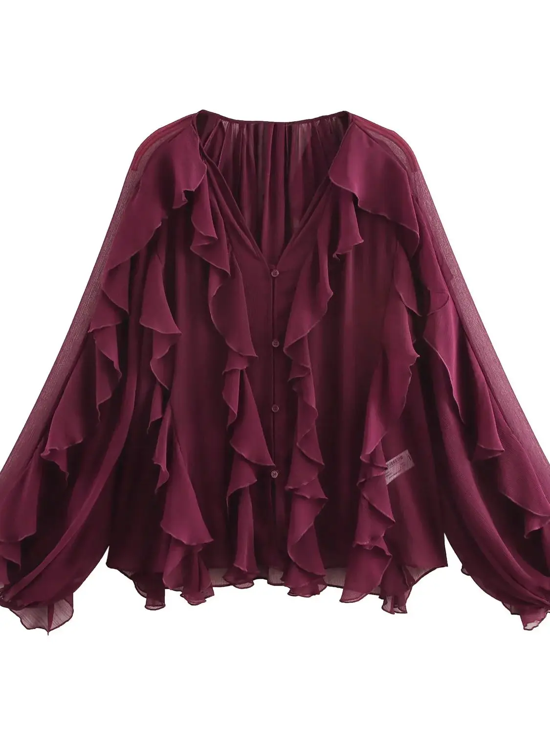 

XNWMNZ 2025 Women's Fashion ruffled shirt Female vacation style V-neck long sleeved button flowing versatile blouse Women top