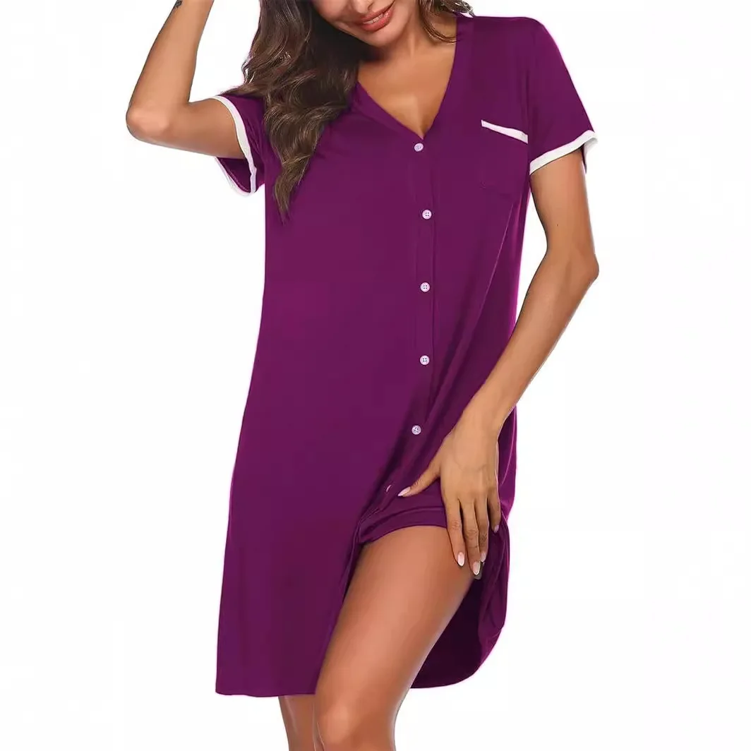 Women's Summer V-neck Short-sleeved Nightgown Contrast Color Casual Sleepwear Simple Loose Fit Ladies Home Wear for Daily Dress
